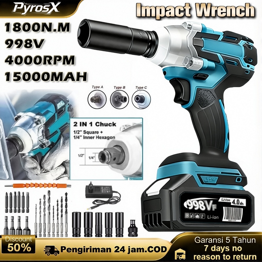 Brushless Impact wrench high torsi Brushless impact Baterai 998V 2 Baterai pembuka baut mobil infek 