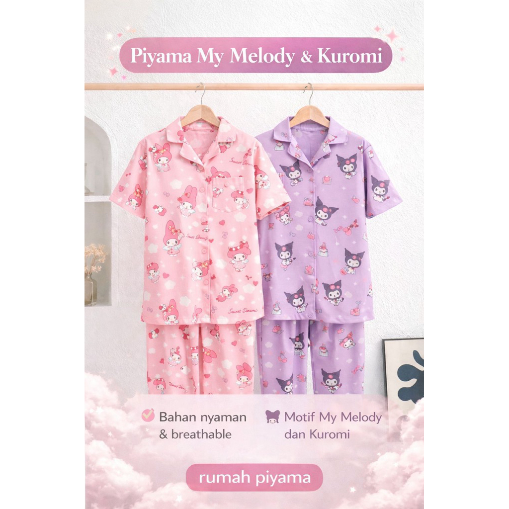 [Rumah Piyama] Best Seller Piyama Baju Tidur Wanita Malam Motif My Melody & Kuromi