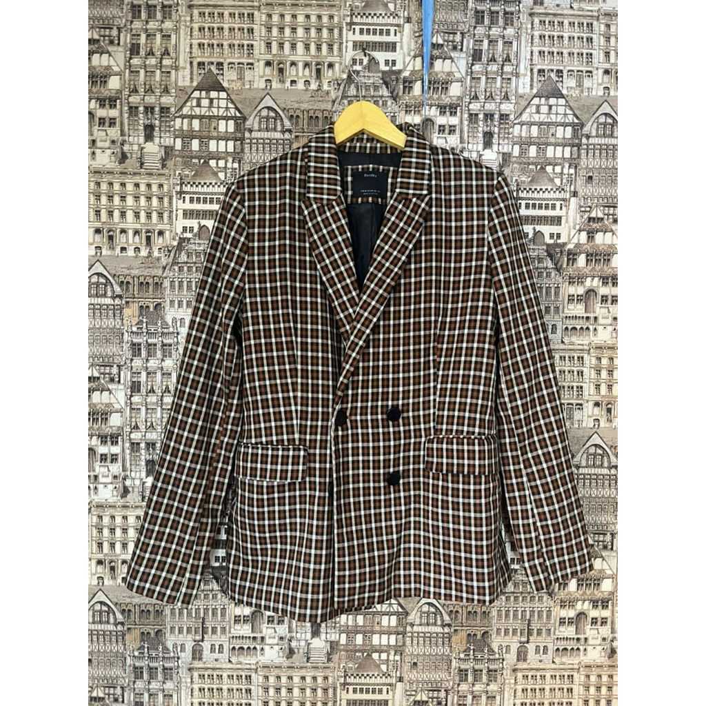 Preloved BLAZER BERSHKA_COKLAT MOTIF SALUR KOTAK KOTAK PUTIH HITAM