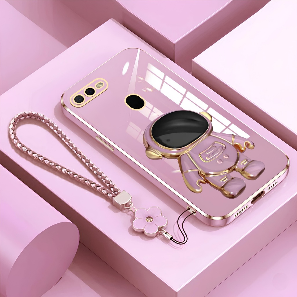 Soft Case Oppo A5s A12 A7 F9 Astronot Stand Premium With Flower Lanyard