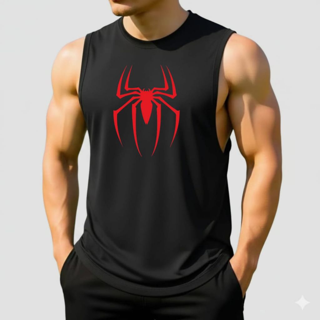 Kaos Singlet Gym Tank Top Sleeveless Spider Low Cut Fitnes / Deep Cut Pria Olahraga Bahan Elastis Ad