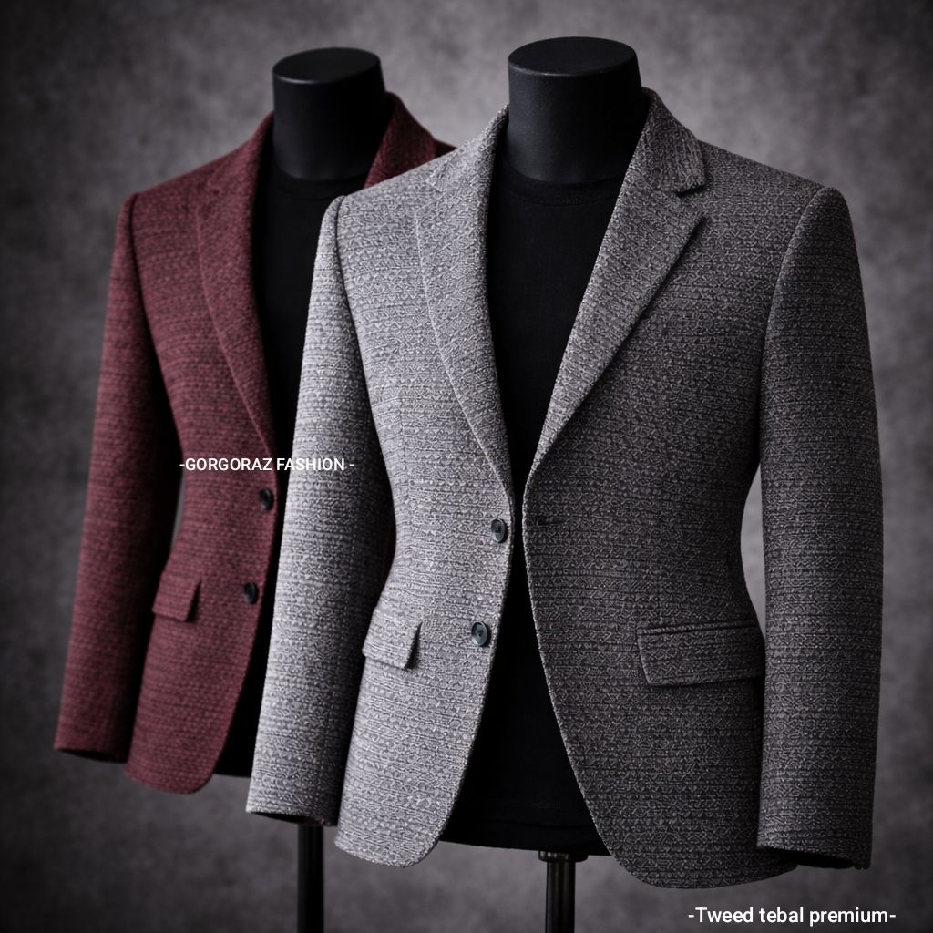 gorgoraz jas pria keren abu dan maroon bintik tweed slimfit casual formal blazer