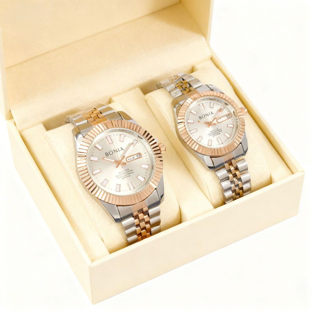 Bnc1 - Jam Tangan Couple Pria Wanita Bonia 2pcs Tanggal dan Hari Aktif 32-36mm Watch Quartz (Bisa CO