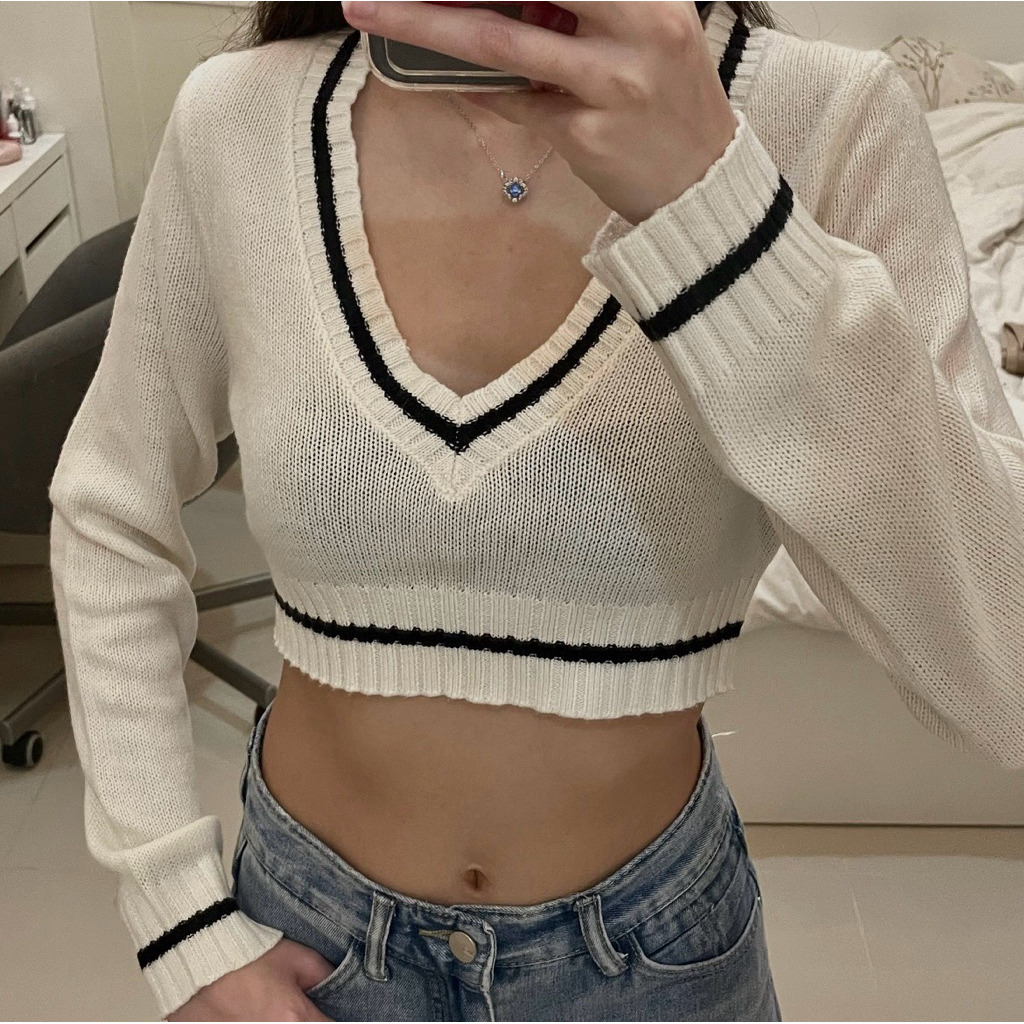 H&M | Longsleeve rajut crop | Top lengan panjang