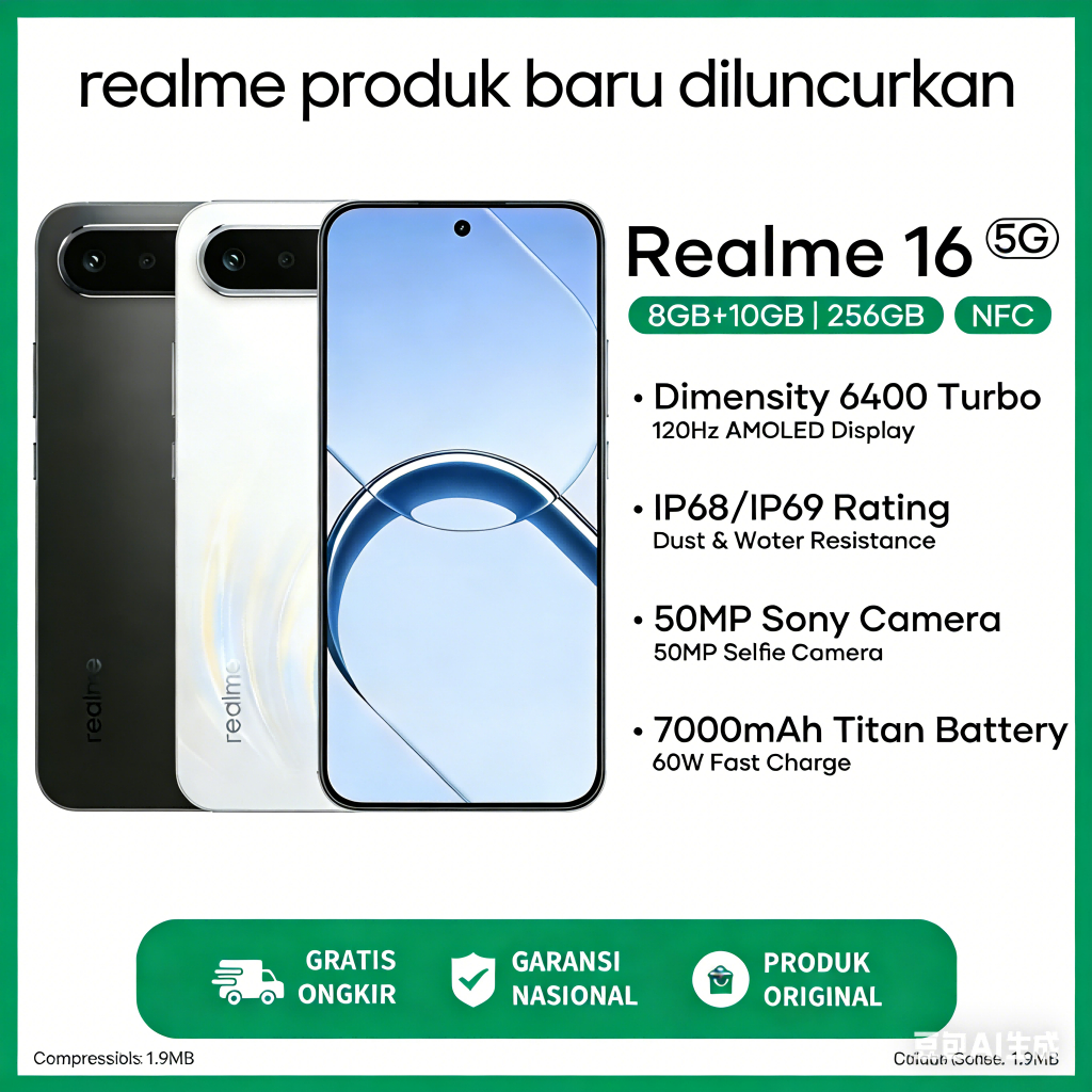Realme 16 5G 8GB+10GB 256GB HP Realme 16 Pro 5G Garansi Resmi 7000mAh Baterai Titan 60W Fast Chargin