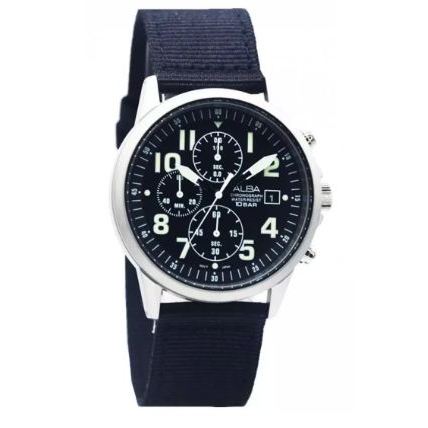 Jam Tangan Pria Alba Original Garansi Resmi AM3853 AM3853X1 Strap Black Nylon Black Dial Chronograph