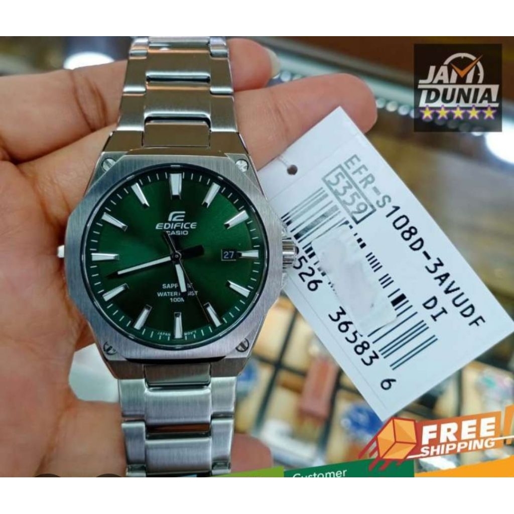 JAM TANGAN PRIA CASIO EDIFICE ORIGINAL STAINLESS STEEL SAPPHIRE SILVER GREEN EDIFICE EFR-S108D-3AVUD