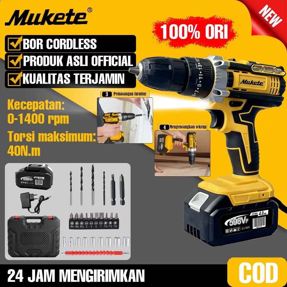 Mukete 598V 1200 R/MIN  bor impact mesin bor baterai bor impact baterai bor elektri 598VF Brushless 