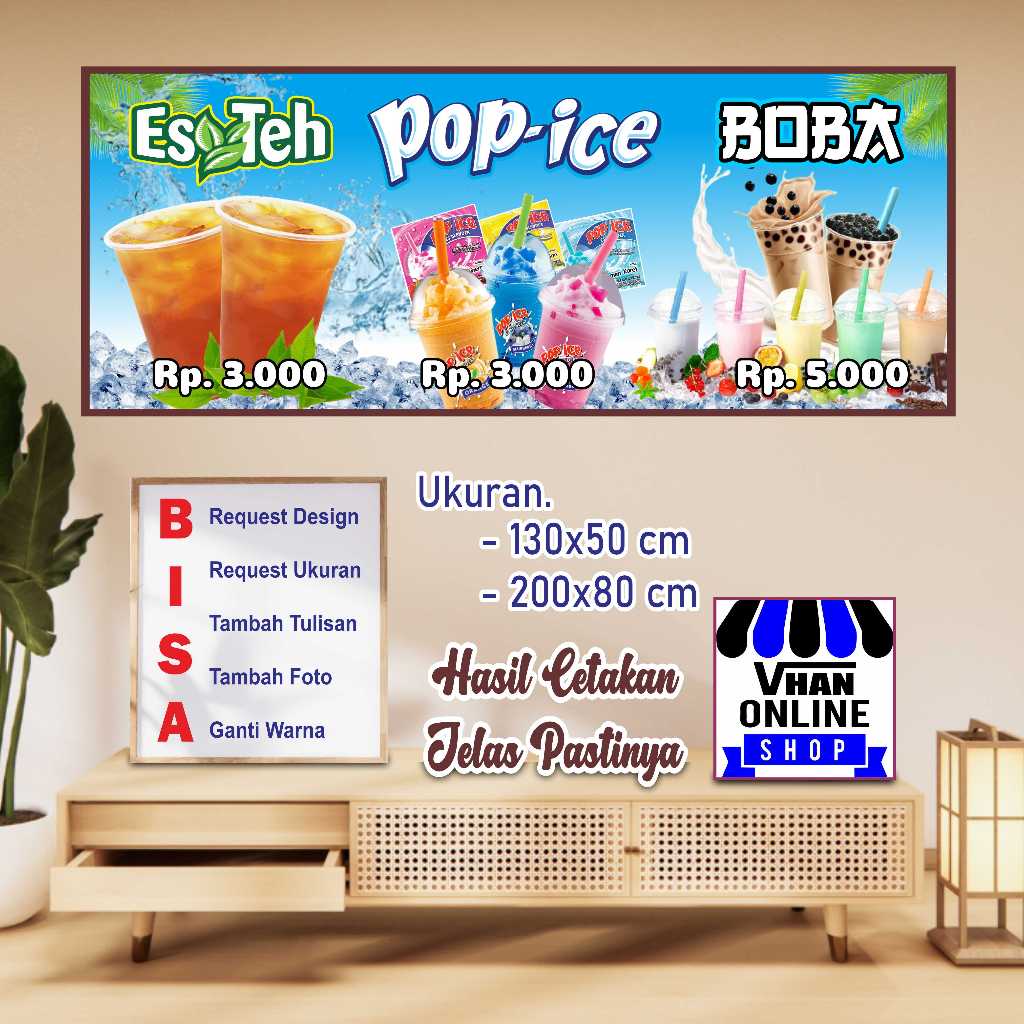 Spanduk Banner Request Es Teh, Pop ice, Boba Keren