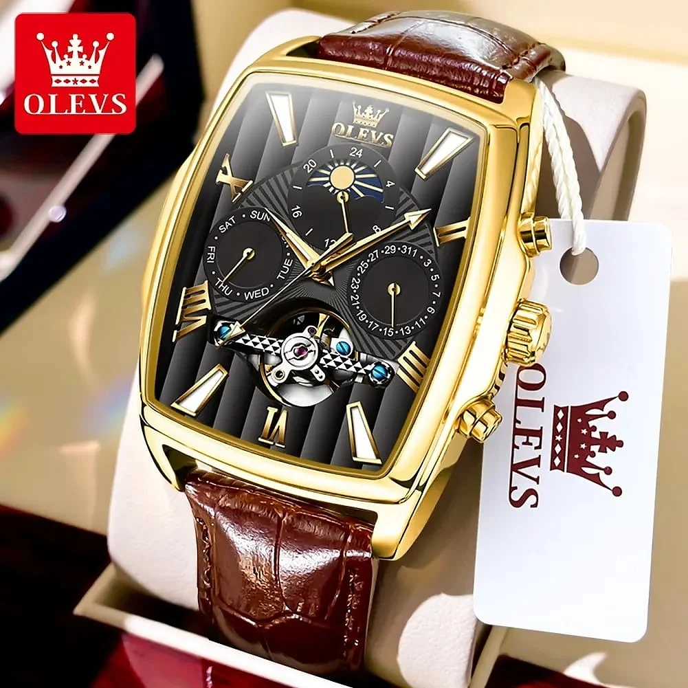 OLEVS Jam Tangan Automatic Pria Kulit Anti Air Original Fase Bulan Tourbillon Luminous Men Watch