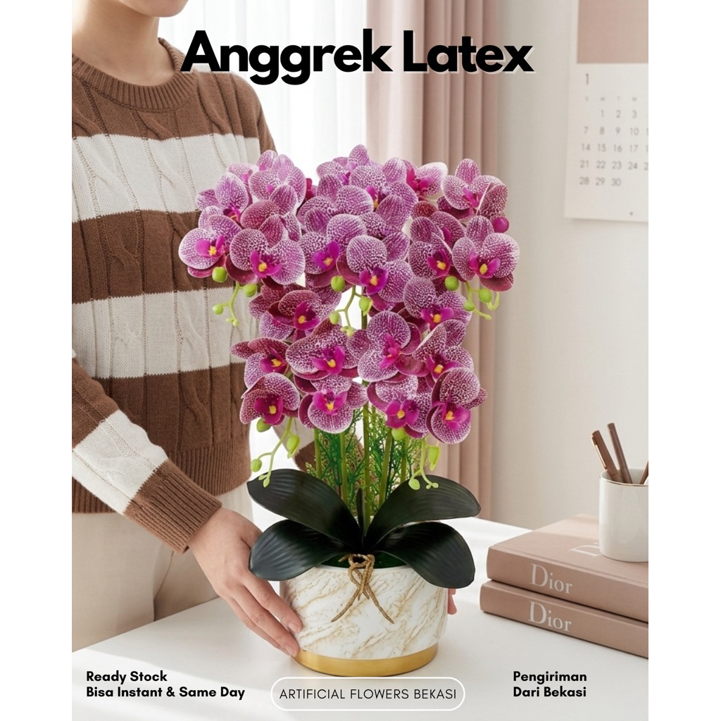 Anggrek Latex  Premium Artificial Pot Marble Dekorasi Rumah Meja Tamu Kantor Bunga Artificial Premiu