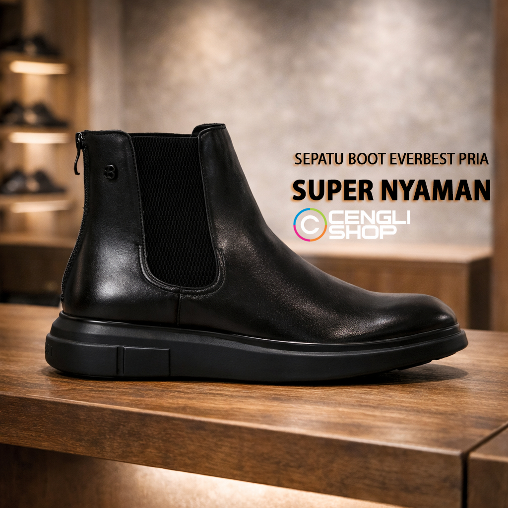 EM04 SEPATU BOOT EVERBEST PRIA ORIGINAL KULIT KERJA KANTOR BRANDED HITAM
