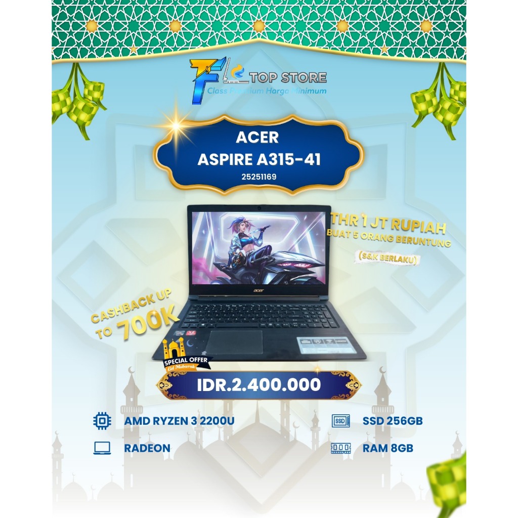 LAPTOP ACER A315-41 AMD RYZEN 3 2200U RAM 8/256GB