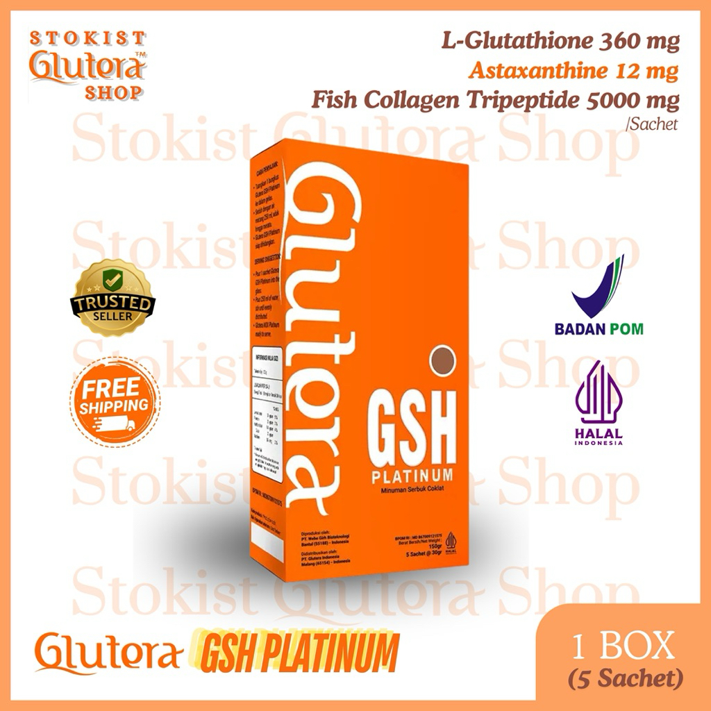 GLUTERA GSH PLATINUM with L-Glutathione 360 mg, Astaxanthin 12 mg, Fish Collagen Tripeptide 5000 mg,