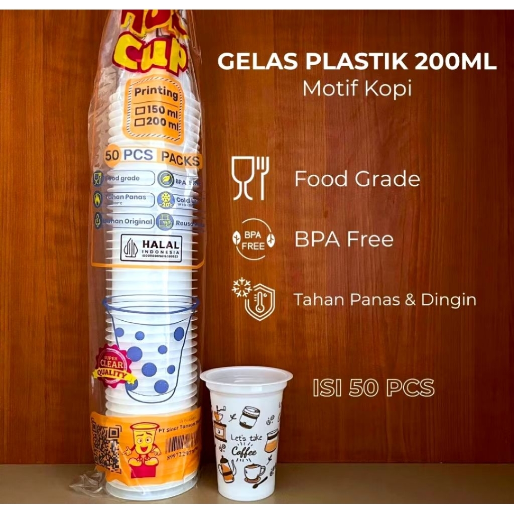 (Grosir) Gelas Plastik Motif Kopi 200ml (50) Halal Wadah Minuman Kopi Kuat Tahan Panas dan Dingin