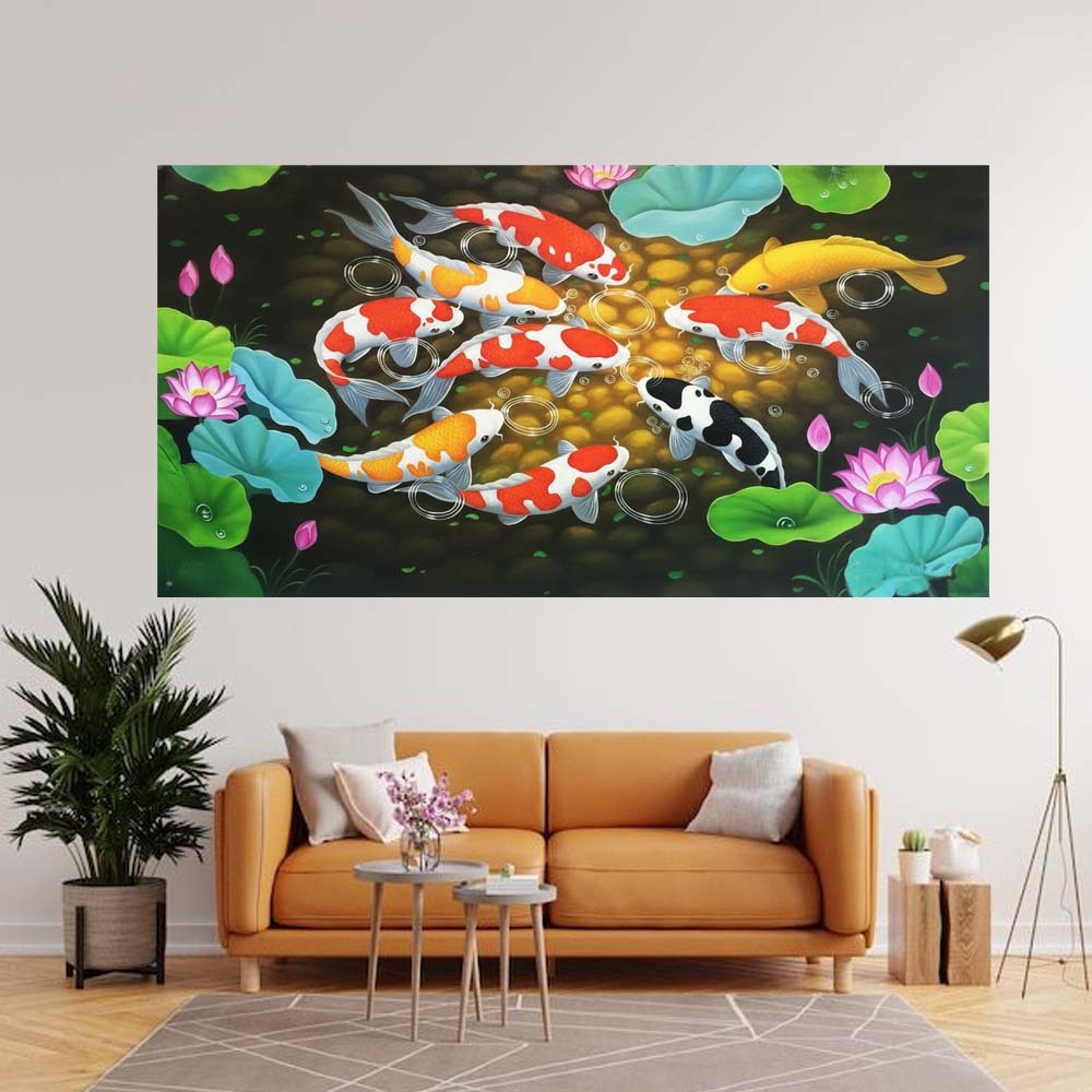 Lukisan Cetak Dinding Extra Jumbo Gambar Ikan Koi Warna-Warni,Tanpa Bingkai#,Bisa Bayar Ditempat COD