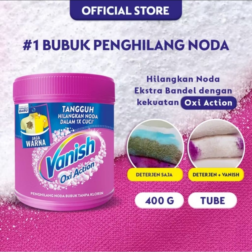 Vanish Bubuk Pink Penghilang Noda Pakaian Pembersih Noda Baju Oxi Action Warna 400gr