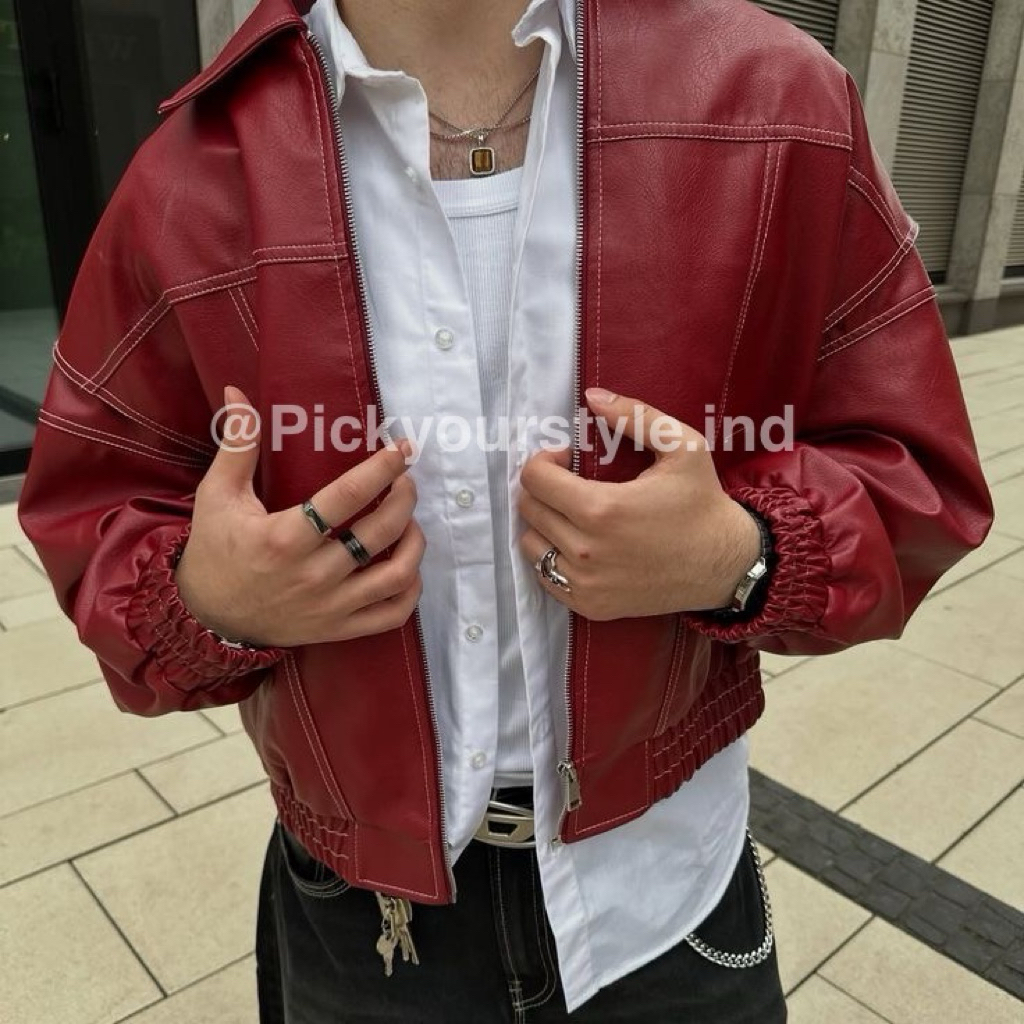 Jaket Kulit Pria Wanita Red Leather Jacket Jaket Kulit Merah (UNISEX)