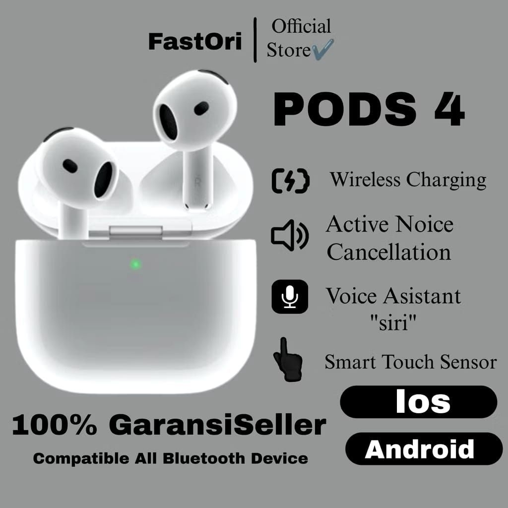 Pods Gen 4 ANC Terbaru 2025 With Wireless Charging Case Bergaransi TWS Bluetooth Original 100%