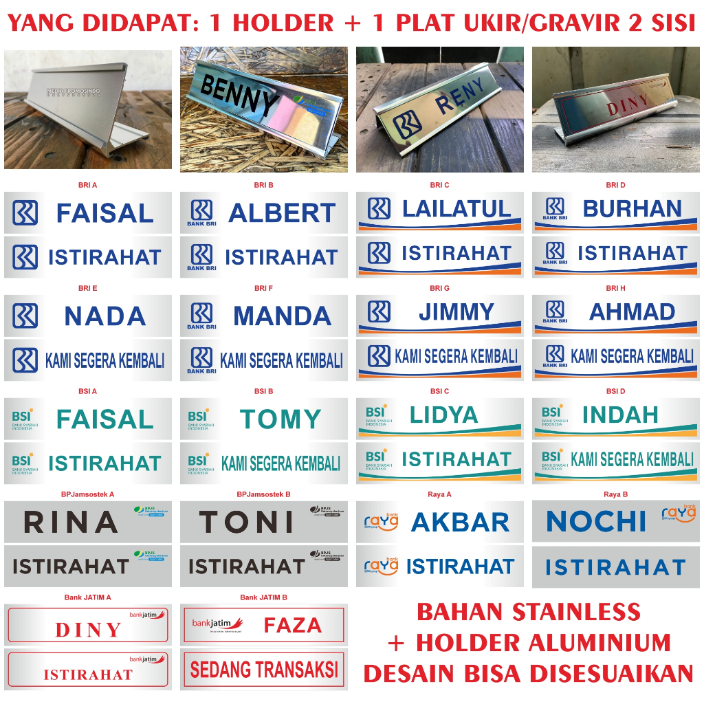 Papan Nama Meja/Name Desk 1 Plat 2 Sisi Berholder Aluminium 20 cm BANK BRI BPJS BPJAMSOSTEK BANK JAT