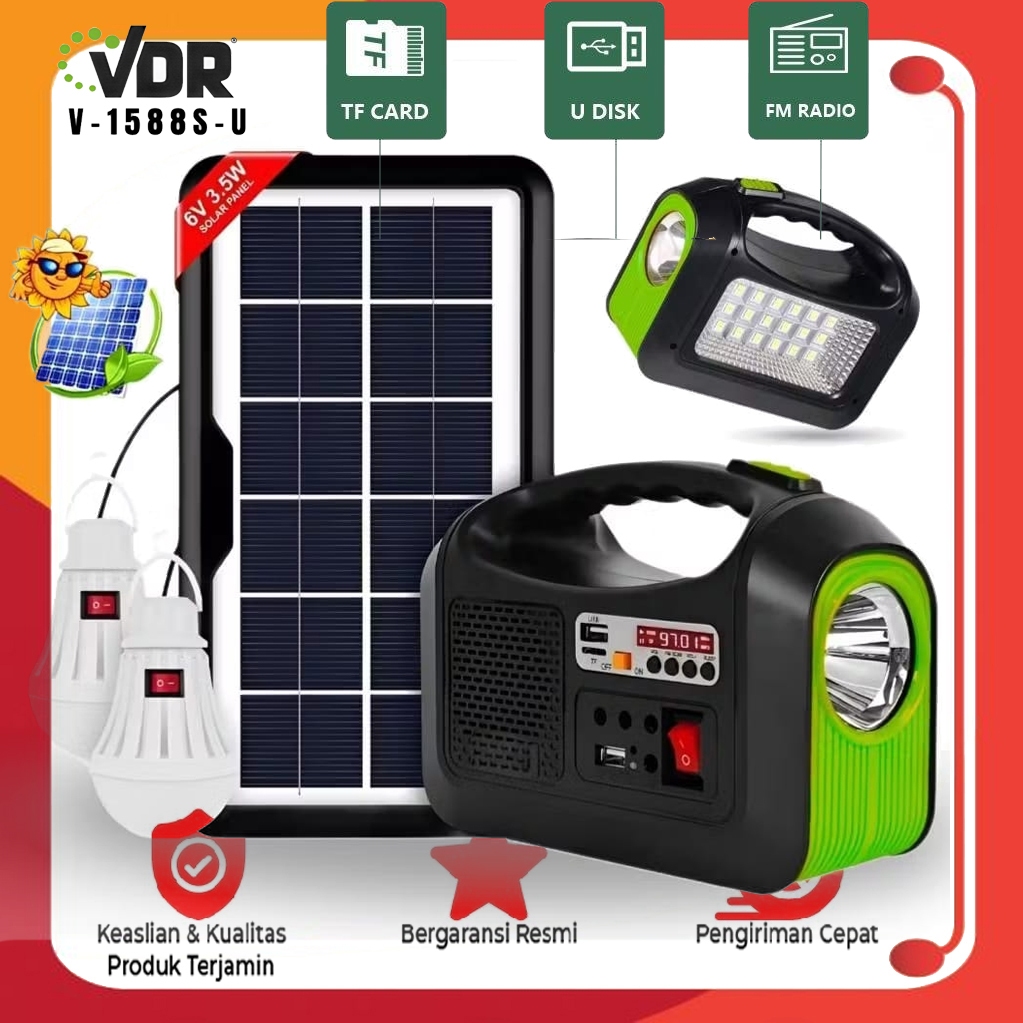 Solar Light Lampu Panel Surya VDR V-1588S-U Dengan 2 Bohlam - Solar Lighting System Lampu Emergency