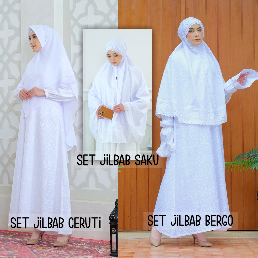 Raisma Gamis Ihrom umroh Hajj putih hitam syari set jilbab bahan catoon bordir shalima