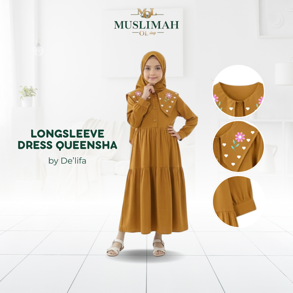Dress Anak Perempuan Long Sleeve Queensha Gamis Set Hijab Rayon Premium By Delifa