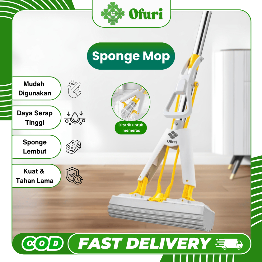 OFURI Pel Lantai Sponge Mop Pel Lantai Spons Dengan Perasan Lipat Otomatis Pel Tarik Microfiber Spon