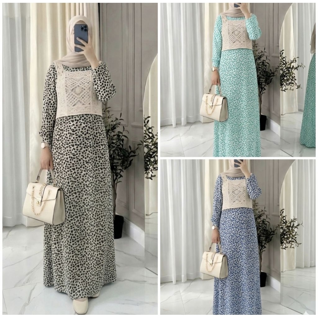 Gamis Wanita Motif Rompi Lepas Pasang Dress Muslimah Stylish 2in1 Model Trendy 2026
