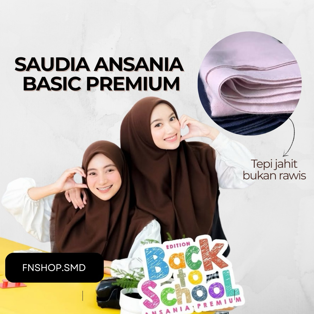 Saudia Ansania Basic Premium Ori - Hijab Segiempat Tepi Jahit Rapi