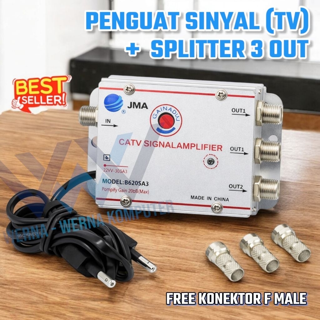 BOOSTER PENGUAT TV CATV-SIGNAL AMPILIFIER 3 WAY OUTPUT + FREE KONEKTOR F MALE