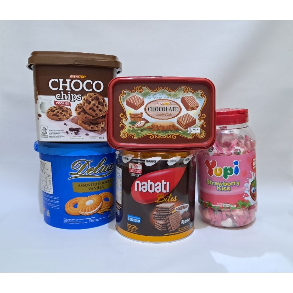 Paket Jajan Lebaran isi 5 Macam Kue Kering Lebaran 2026 Choco chip, Wafer Coklat, Astor Coklat, Roma