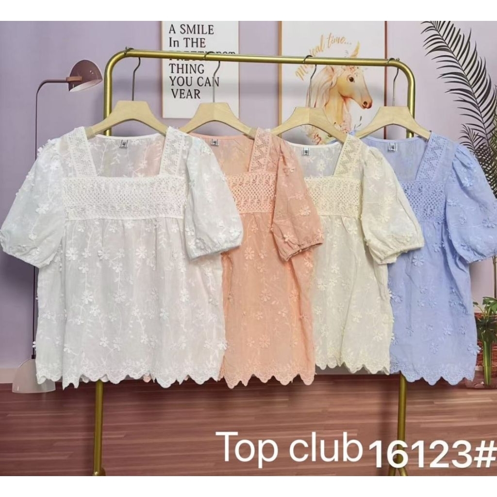 Atasan blouse tangan pendek wanita bunga 3D timbul top club bangkok bkk