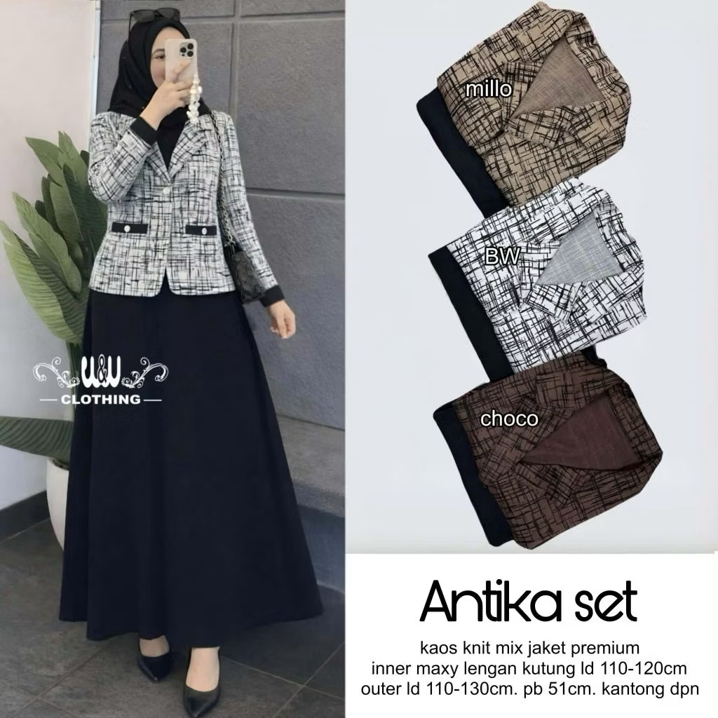 Antika Set Wanita Muslimah Blazer Kotak Premium + Dress Panjang | Outfit Hijab Elegan Modern