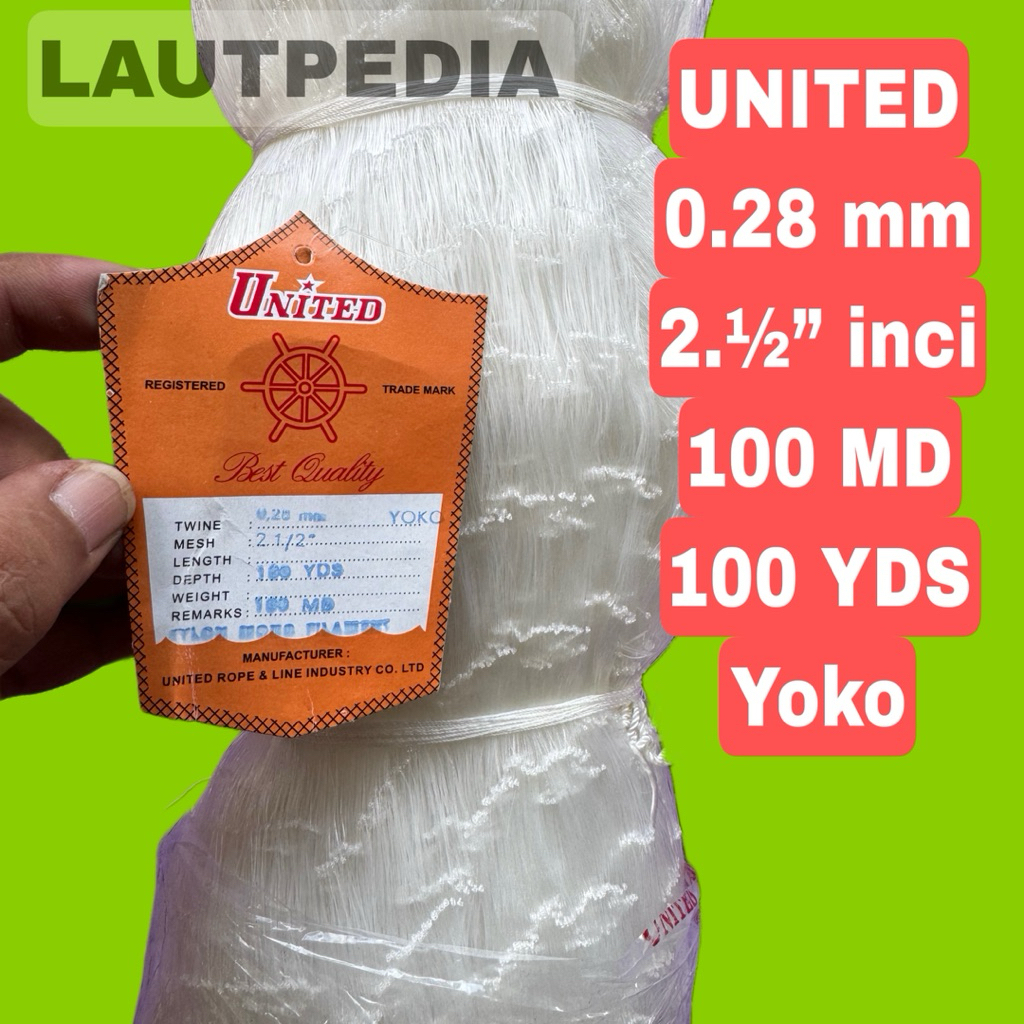 Jaring Ikan UNITED 2.1/2 Inch | Senar 0.28 mm | Kedalaman 100MD | Panjang 100YDS - Yoko