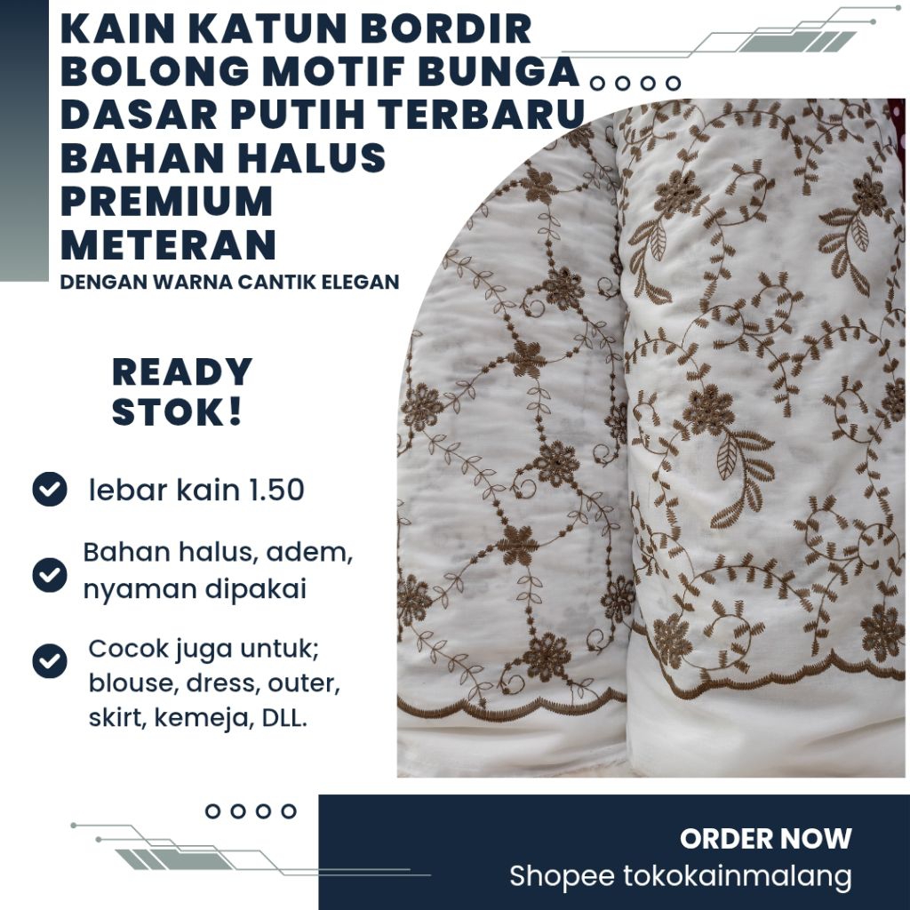 (HARGA PER SETENGAH METER) KAIN KATUN | KAIN KATUN BORDIR BOLONG EMBOSS MOTIF BUNGA TERBARU DASAR PU