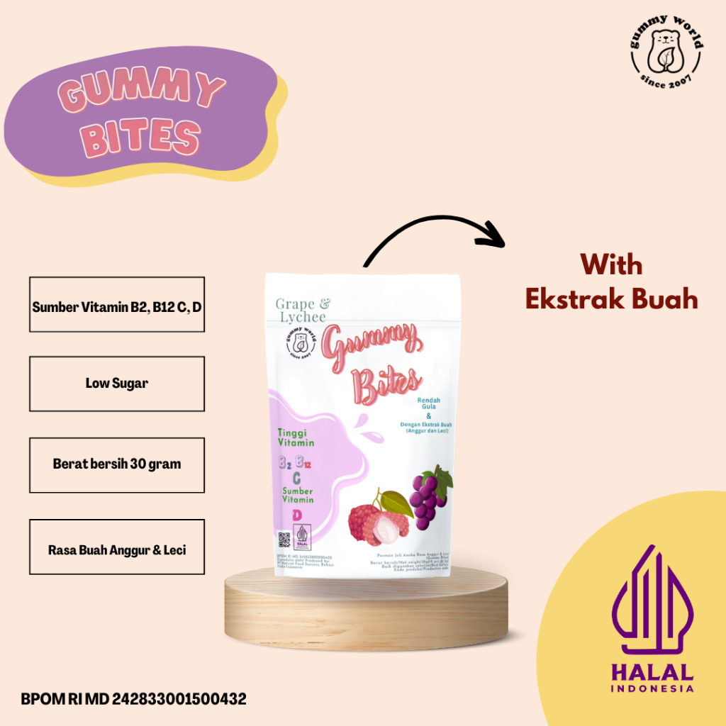 Gummy Bites Vitamin (Grape & Lychee) - Fruit Juice Low Sugar