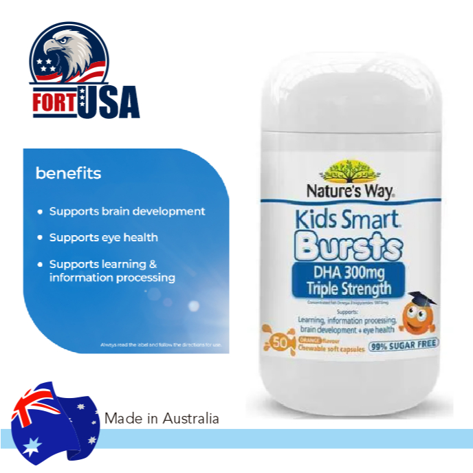 Nature's Way Kids Smart DHA 300mg Triple Strength 50 Soft Capsules – Omega 3 Otak & Mata Anak