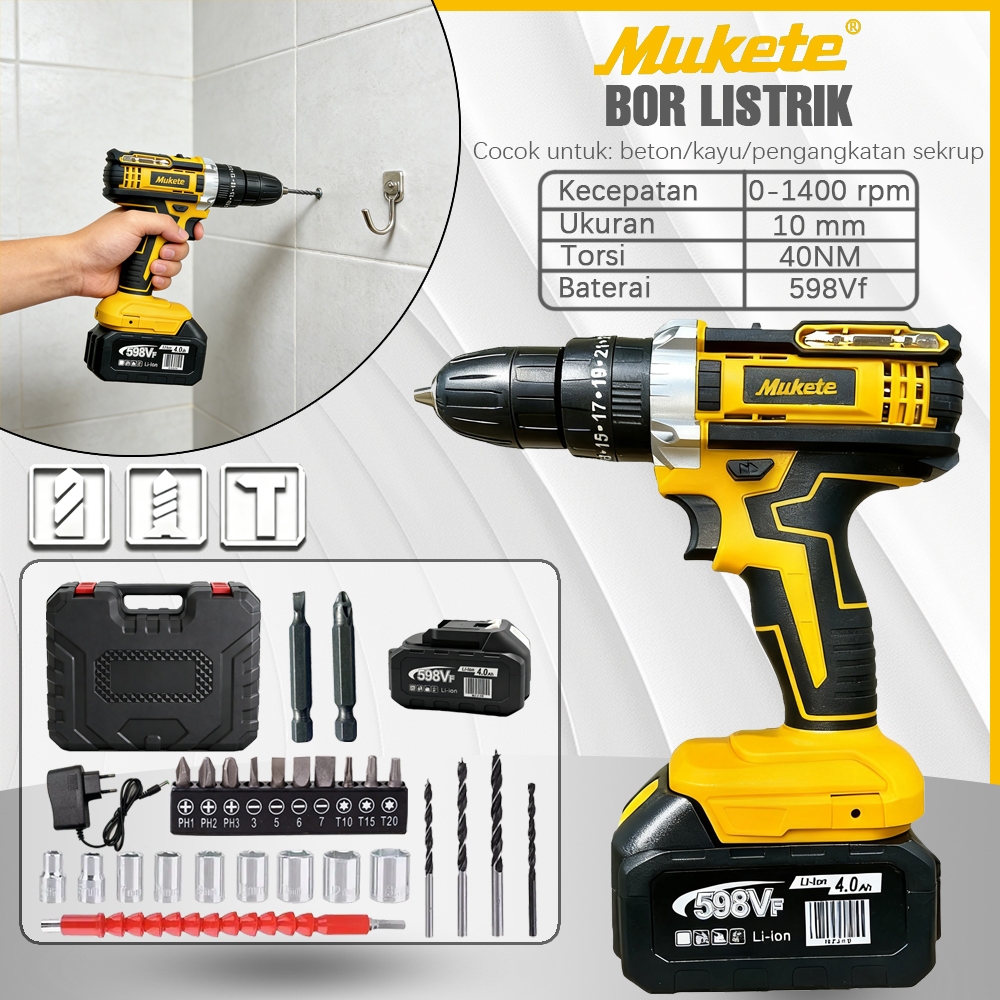 Mukete 598V 1400RPM bor impact baterai mesin bor listrik cordless drill bor cordless 10MM