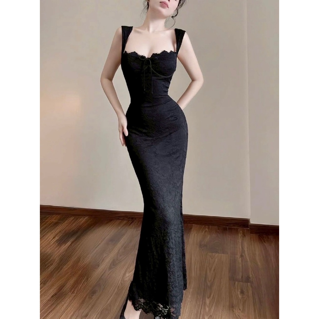 [ READY ] ISABEL Lace Bodycon Maxi Dress #CS83 | Terusan wanita floral lace wide shoulder straps fem