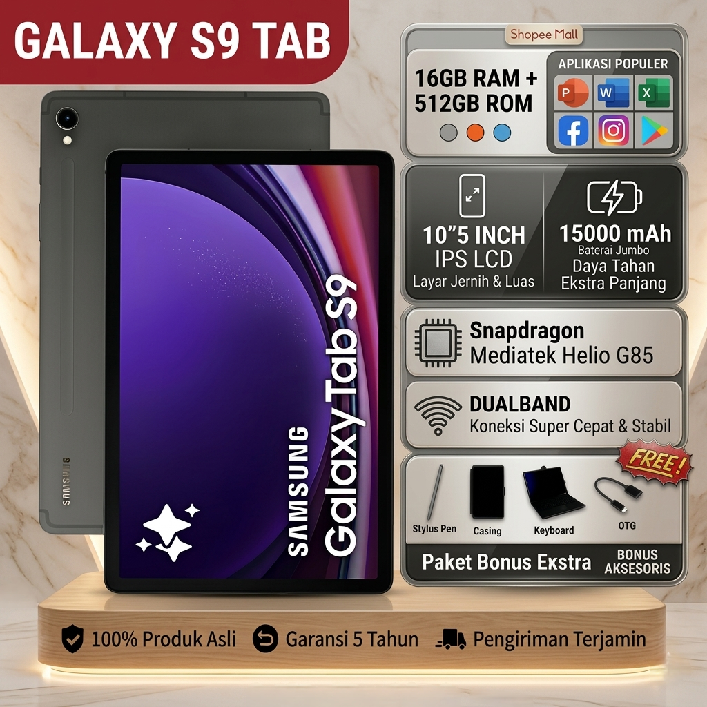 Samsung Galaxy S9 Tablet | 12GB + 512GB | AMOLED 11” | 5 Tahun Garansi  (Free Keyboard + Pen + Case)