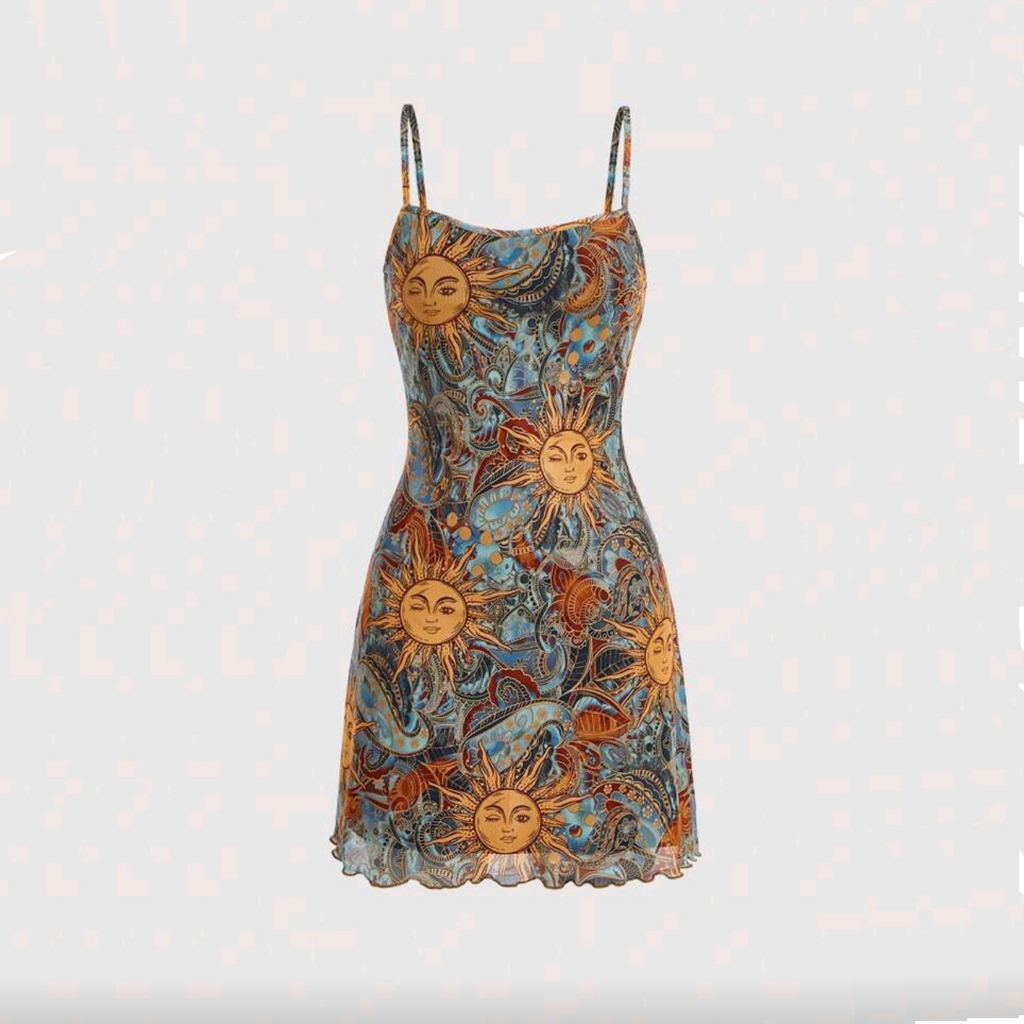 Dress Wanita Retro Sun Print Mini Dress Wanita Summer Dress