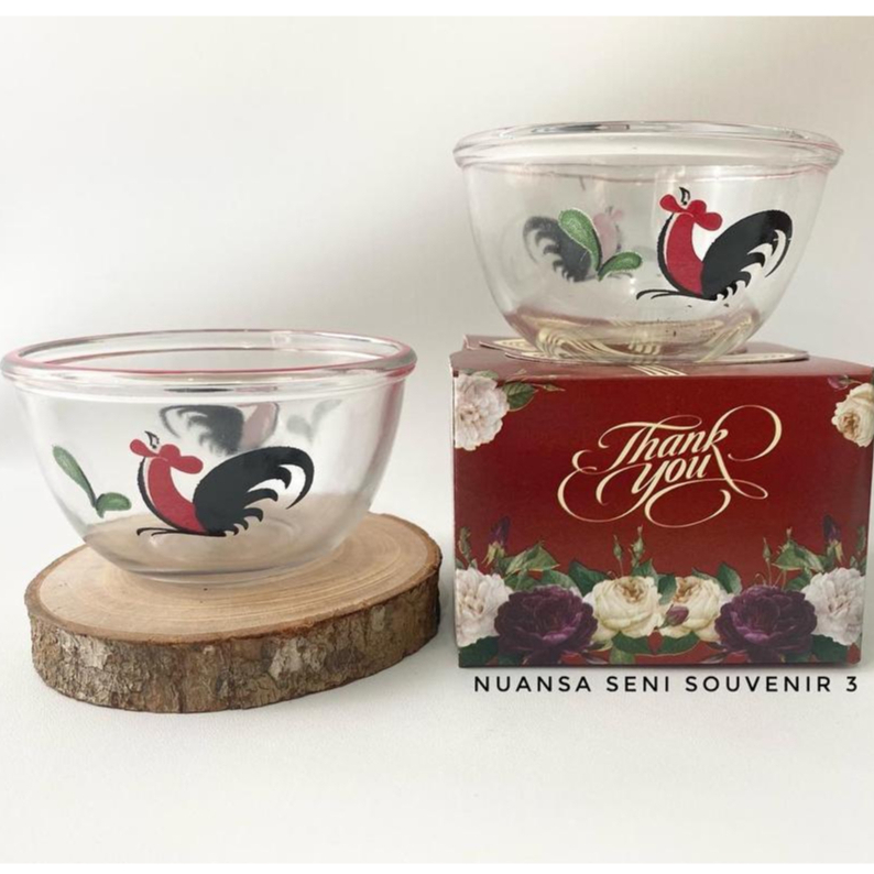 Souvenir Pernikahan Mangkok Kaca BIB4B Ayam Jago Mangkok Sambel Kaca Kobokan Motif Ayam Bening