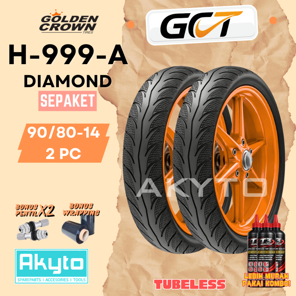 [PAKET HEMAT DEPAN BELAKANG] GOLDEN CROWN TIRES H999A DIAMOND 90/80-14 TUBELESS BAN MOTOR FREE PENTI