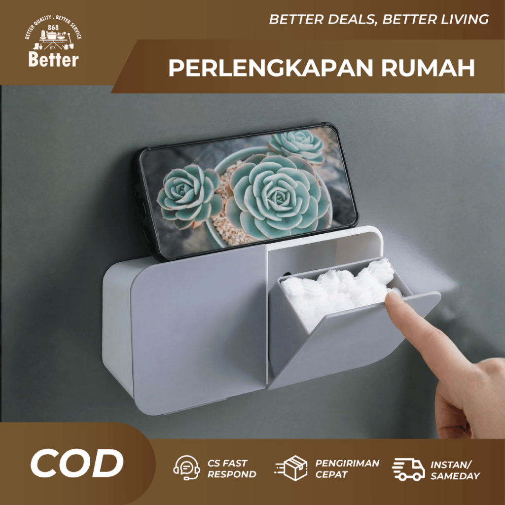 Kotak Kapas Cotton Bud Makeup Organizer 2in1 Rak Tempel Dinding