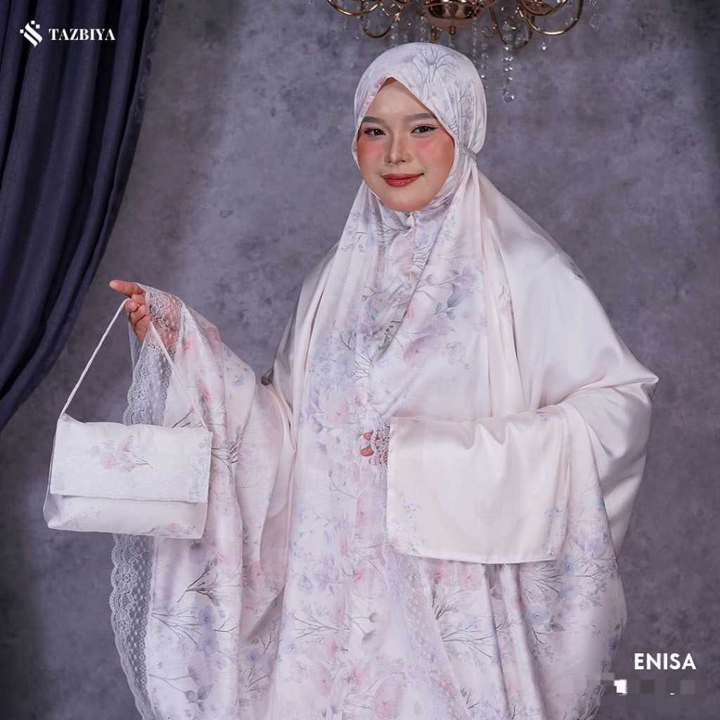 TAZBIYA x GERAI HAWA - Mukena PUTIH PREMIUM Sutra Silk Eksklusif ENISA FELISA WHITE | All Size fit t
