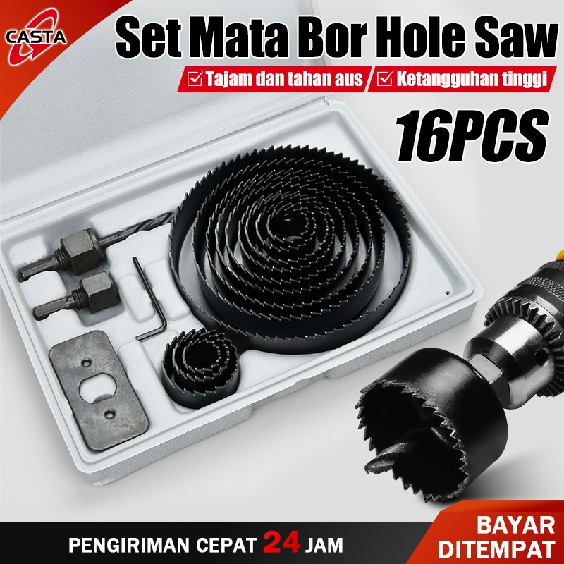 CASTA 16 Buah Mata Bor Gergaji Lubang Pukulan Kayu Set Holesaw Kit Mata Bor Kayu PVC Paralon Hidropo