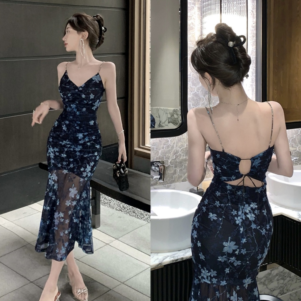 Hertha Duga blue midi floral dress baju pantai wanita kekinian korean style dress biru party elegan