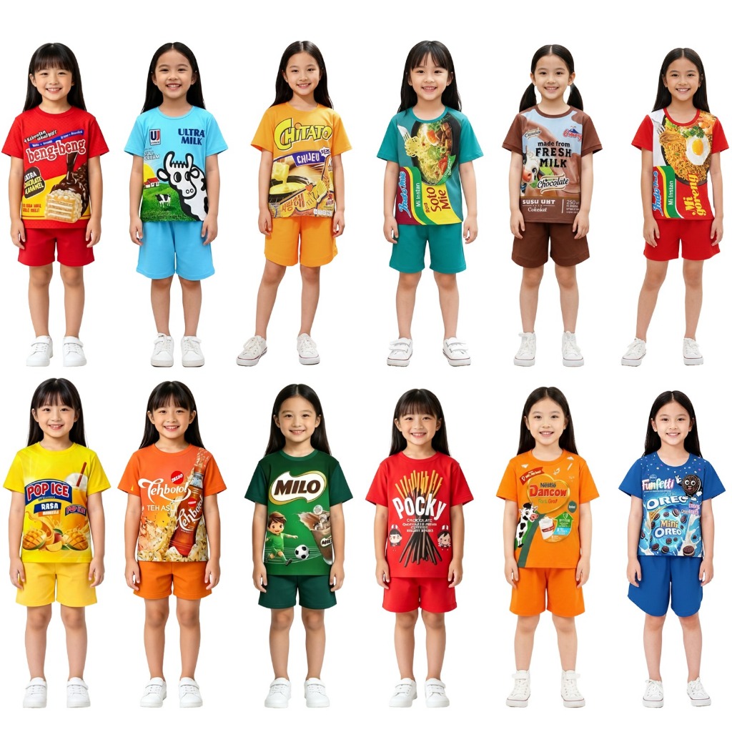 Paket 3pcs Setelan Baju Anak Laki-Laki Dan Perempuan Unisex 1-8 Tahun Motif Viral Indomi Chitato Ult