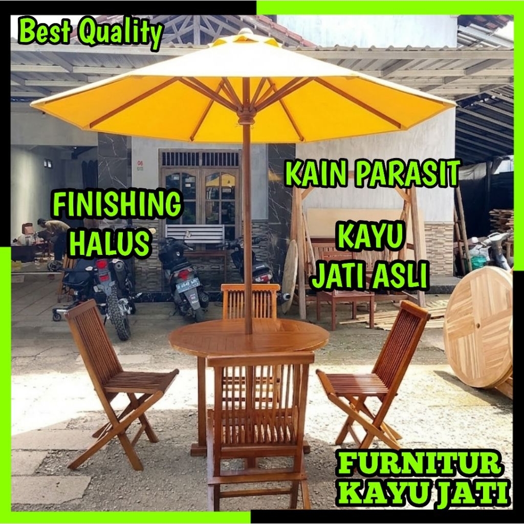 Set Meja Payung Taman Cafe Outdoor Tenda Payung Cafe Kayu Jati 4 Kursi Lipat Jati